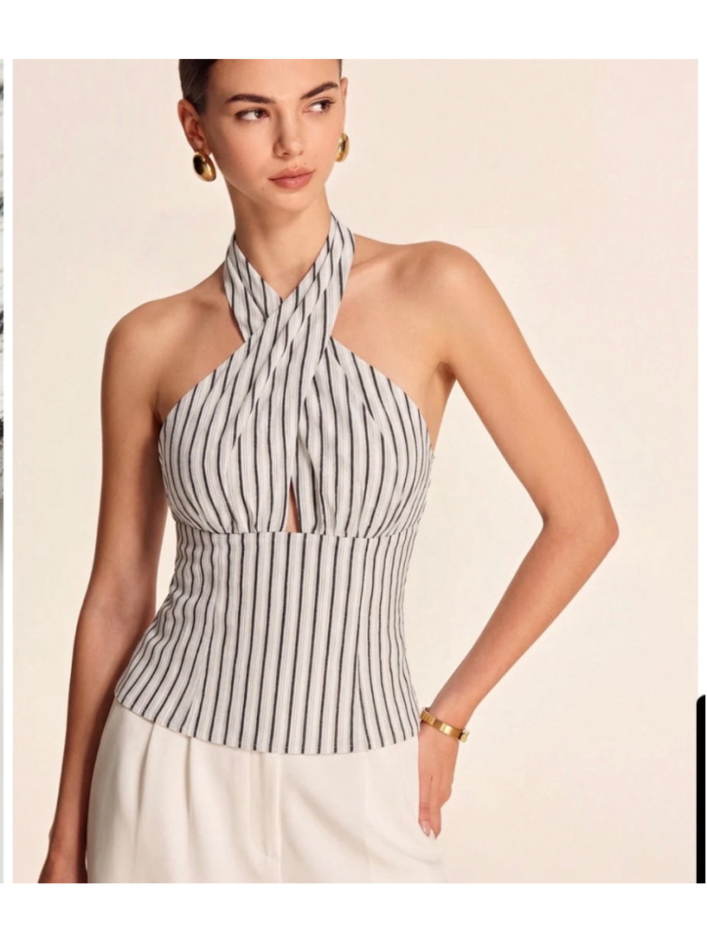 Commense Cross Chest Striped Halter Top Size S Cotton White Black 90s Minimalist